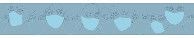 Banner di volti femminili in maschere mediche protettive disegnato con una linea continua. ritratti astratti minimalisti di belle donne. concetto di moda moderna. nei colori azzurri