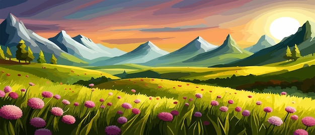 Вектор Поля весенних цветов тюльпанов в горах, освещенных утренним солнцем