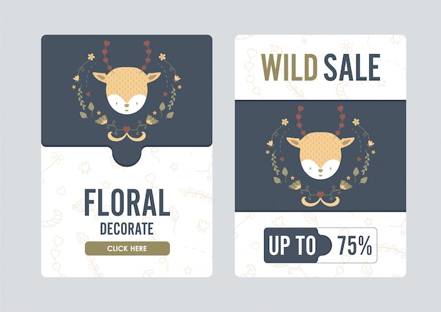 Vector banner floral and deer cute