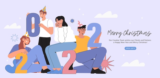 Vector banner, flyer, landing page with happy people or office workers, employees hold big numbers 2022. group of friends or team wish merry christmas and happy new year to their clients. holiday greeting.