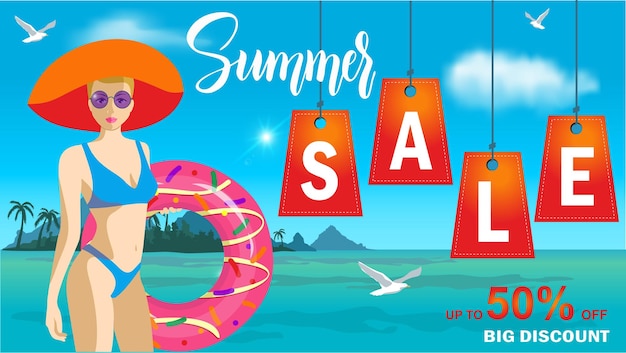 Banner or flyer for summer sale girl against the backdrop of the sea with swimming pool