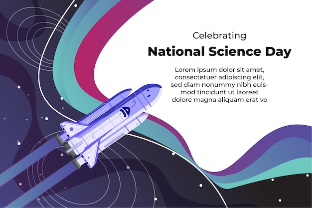 국가 과학의 날을 축하하기 위한 배너는 깊은 별이 빛나는 하늘로 발사된 우주 왕복선을 묘사합니다.