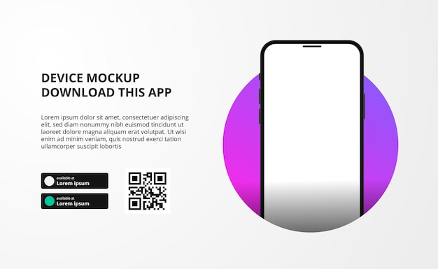 携帯電話用アプリをダウンロードするためのバナー、3dスマートフォンデバイス、スキャンqrコードテンプレート付きのダウンロードボタン。