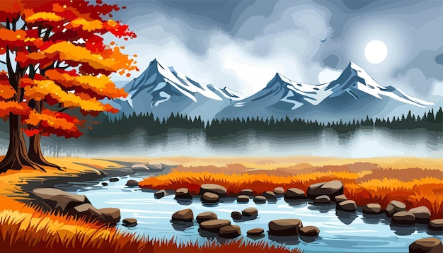 Vector banner forest a river in the mountains with a mountain in the background autumn landscape with