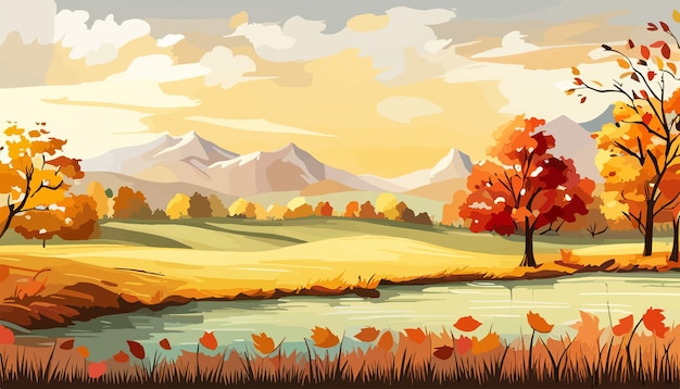 Vector banner forest a river in the mountains with a mountain in the background autumn landscape with