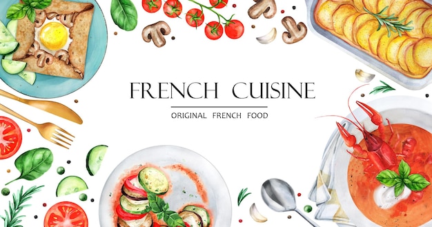 Vector banner french cuisine set of french dishes