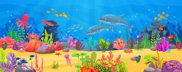 Banner or game level with sea underwater animals