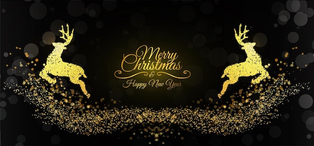 banner golden deer running with golden bokeh and concept christmas backgroundvector illustration