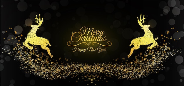 Vector banner golden deer running with golden bokeh and concept christmas backgroundvector illustration