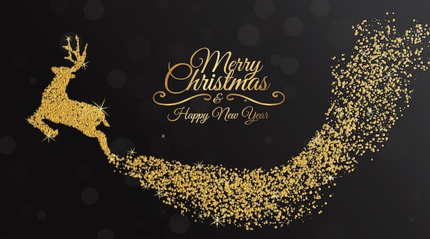 banner golden deer running with golden bokeh and concept christmas backgroundvector illustration