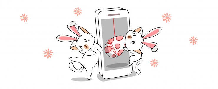 Vector banner greeting kawaii bunny cats are finding egg in spring day