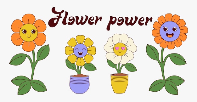 The banner groovy flowers Funny daisies smiling with text flower power Trendy retro elementrs