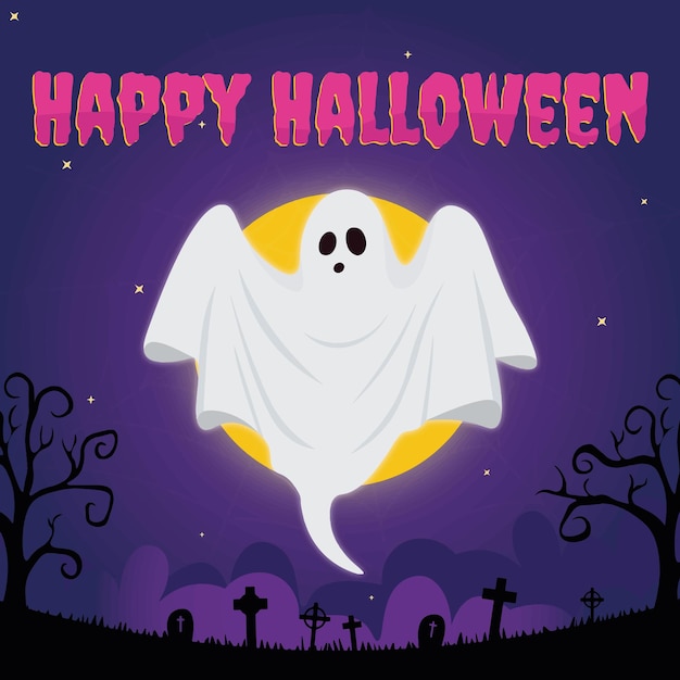 Banner halloween greeting card with ghost text Happy Helloween