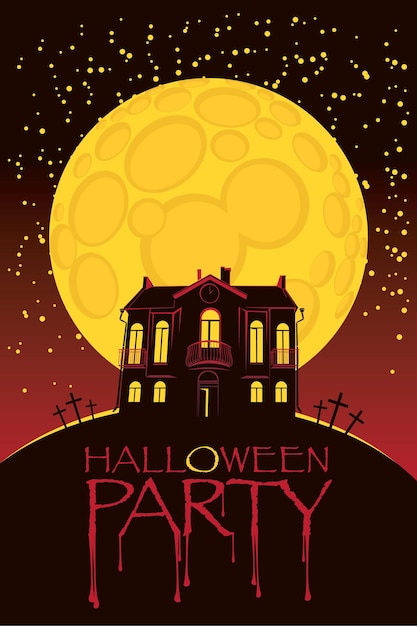 Banner per la festa di halloween con casa e luna piena