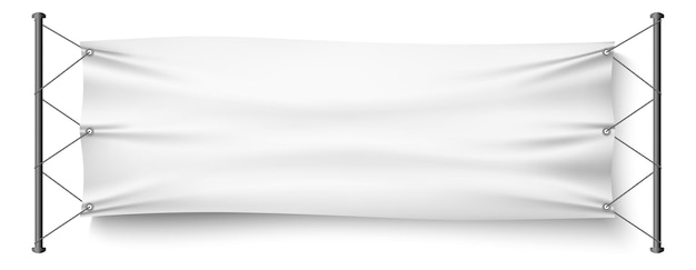 ベクトル 2つのポールの間にぶら下がっているバナー。白い背景で隔離の現実的なモックアップテンプレート