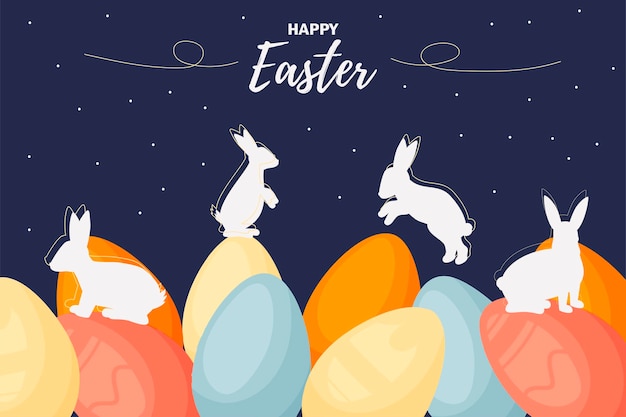 Banner happy easter design moderno per vacanze vettoriali con tipografia easter bunny uova dipinte stile moderno e minimalista