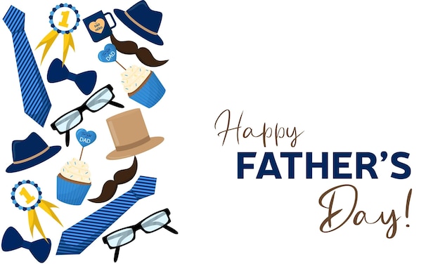 A banner for happy fathers day with a picture of a hat mustaches glasses and a cup of coffee