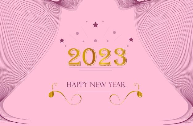 Banner felice anno nuovo 2023 con elementi dorati su sfondo rosa