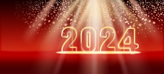 Vector banner happy new year 2024 shining light sparkles red background