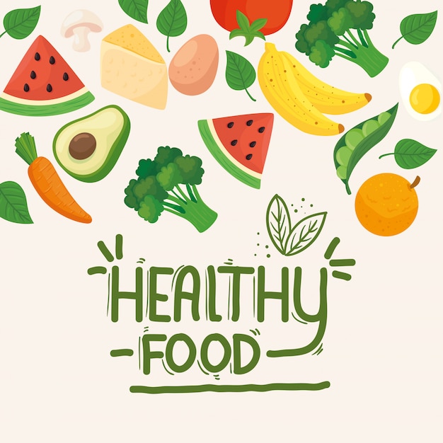 Vector banner healthy food, fruits and with vegetables