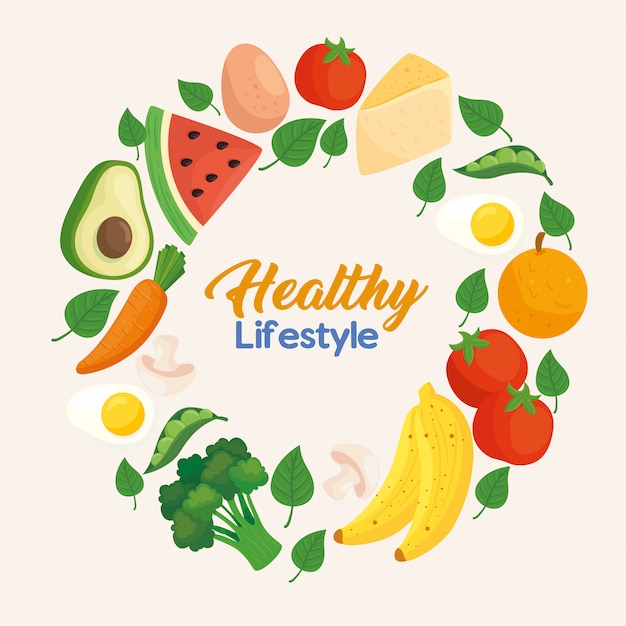 Banner healthy lifestyle, with frame circular of vegetables, fruits and food