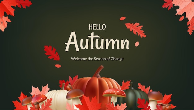 Banner Hello Autumn realistic illustrations of leaves pumpkins mushrooms acorns chestnut