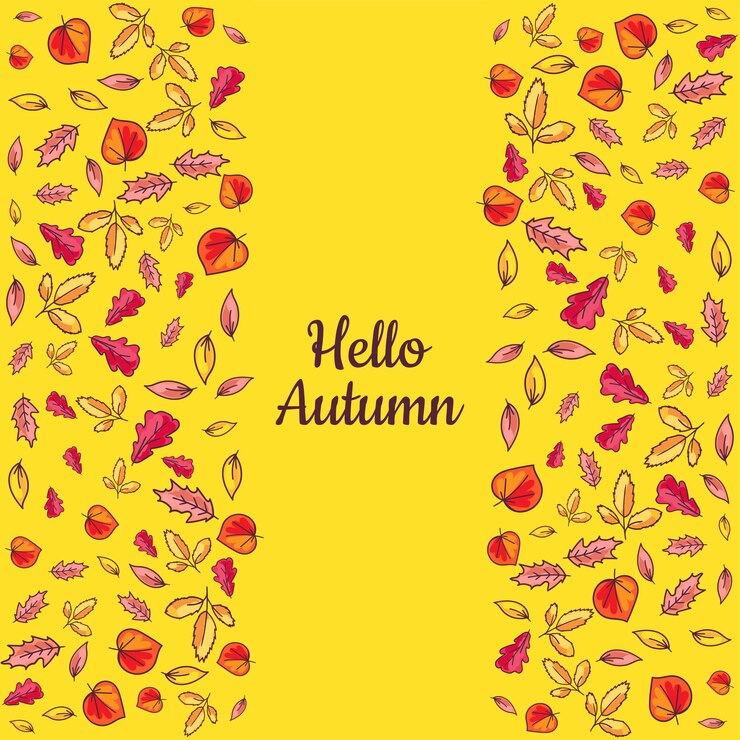 Vector banner hello autumn with hand drawn colored leaves isolated on yellow background. calligraphy letter and seasonal golden falling tree details. season theme card mockup vector flat illustration
