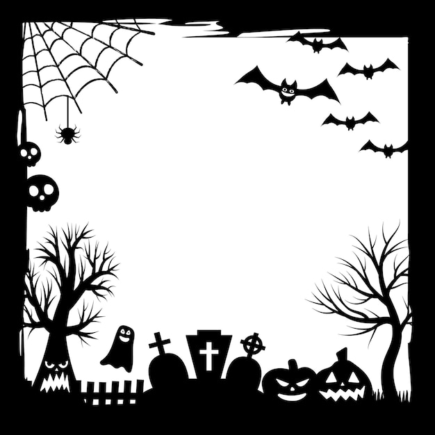 Banner for the holiday. Happy Halloween party. Trick or treat. Pattern with a texture in a simple grunge frame with a spiders web. Vector illustration in black and white.