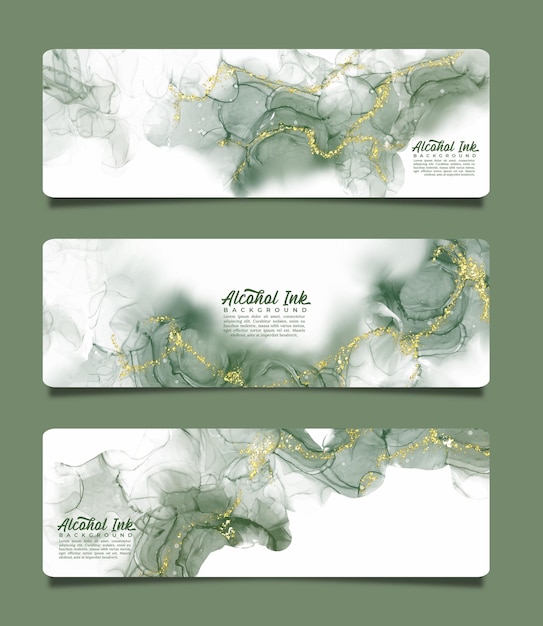 Banner horizontal banner with green alcohol ink watercolor fluid background template