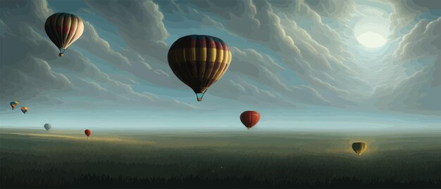 Banner hot air balloons over a scenic landscape misty mountains and sky with clouds vector