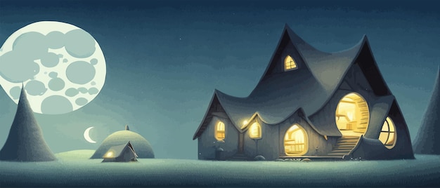 バナーの家と大きな月の背景に夜空の木ファンタジー アートのベクトル図を描く