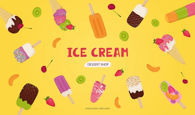 Vector banner of ice cream with chocolate, fruit, nuts, pistachios, strawberries, cherries, kiwi, orange.