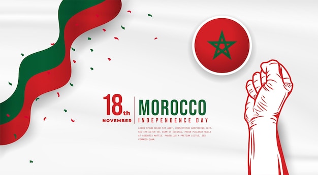 Vettore illustrazione del banner della celebrazione del giorno dell'indipendenza del marocco con spazio di testo bandiera sventolante e mani serrate illustrazione vettoriale