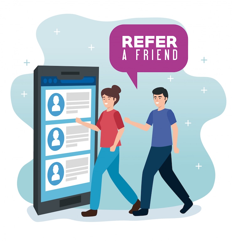 Vector banner illustration of refer a friend with couple and smartphone