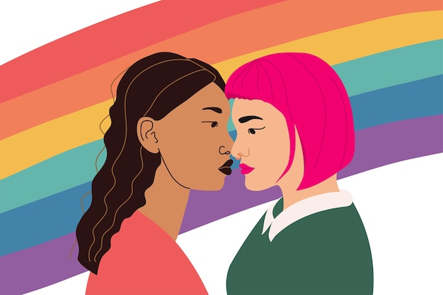 Vector banner illustration with two girls in love with lgbt flag