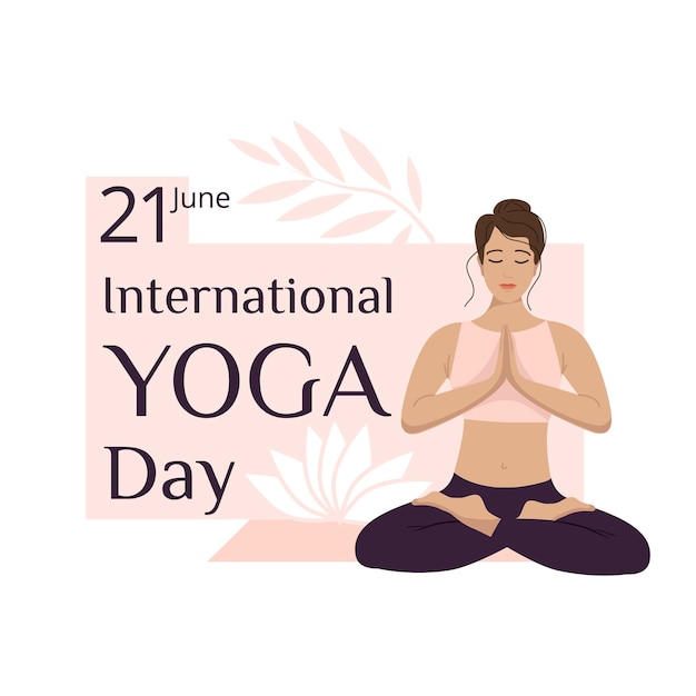 Banner International Yoga Day meisje lotuspositie Hand getekende illustratie op witte achtergrond