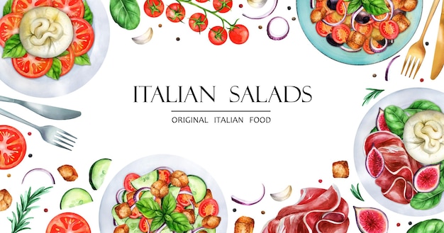 Vector banner italian cuisine set of italian salads watercolor