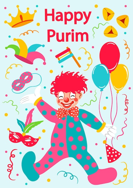 Vettore banner per la festa ebraica di purim con maschere e oggetti di scena tradizionali auguri di buon purim