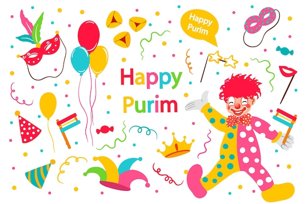 Banner for Jewish holiday Purim with masks and traditional props Happy Purim