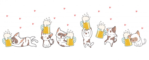 バナーかわいい猫キャラクターはビールで楽しい時間を過ごします