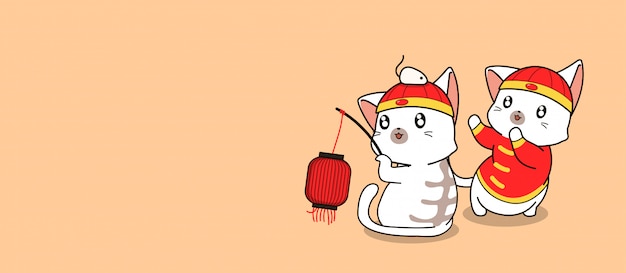 Banner  kawaii cats in chinese new year