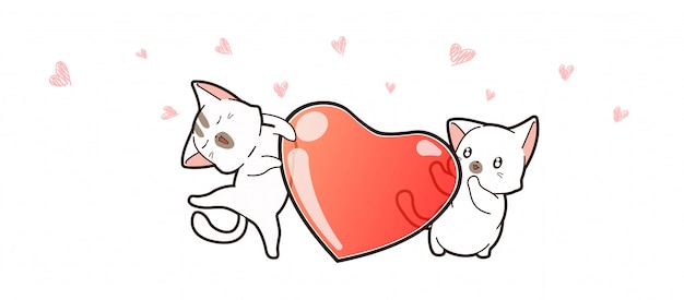 Banner a kawaii couple cat and heart for valentines day