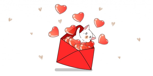 Banner kawaii kat en harten die binnen liefde envelop