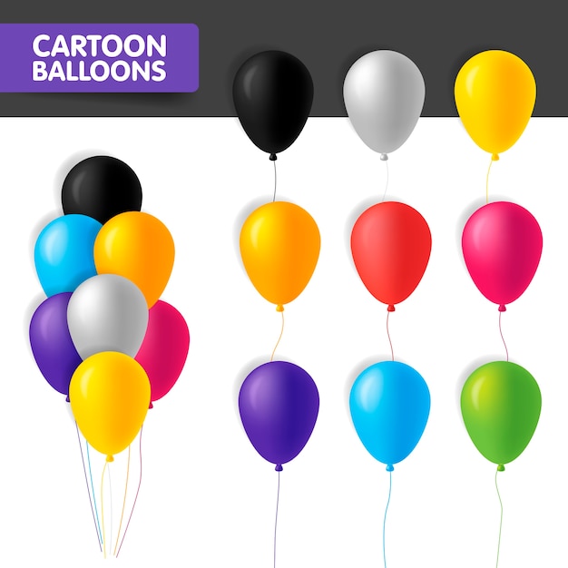 Banner kleurrijke cartoon ballonnen geïsoleerd op een witte achtergrond. illustratie. Glanzende ballonnen verschillende kleuren in bos en in een rij met koord. Opblaasbare ballonnen.
