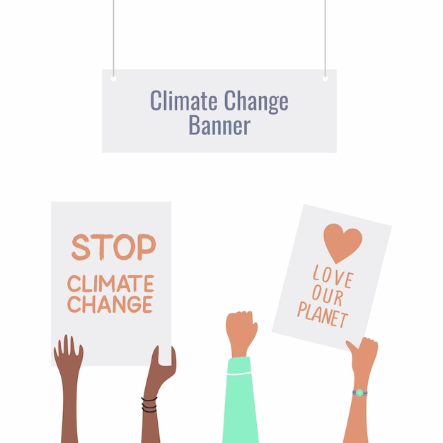 Banner klimaatverandering Demonstrerend concept Mensen die protesteren tegen klimaatverandering Handen met posters van demonstranten om onze planeet te redden Platte vectorillustratie