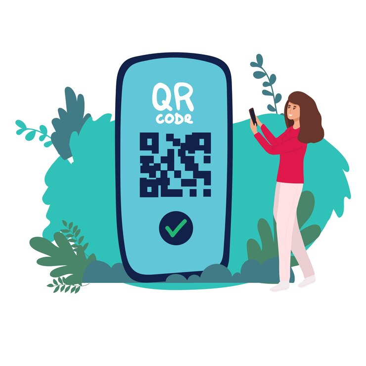 Vector banner landidng page qr code scanning icon in smartphone hand holding mobile phone