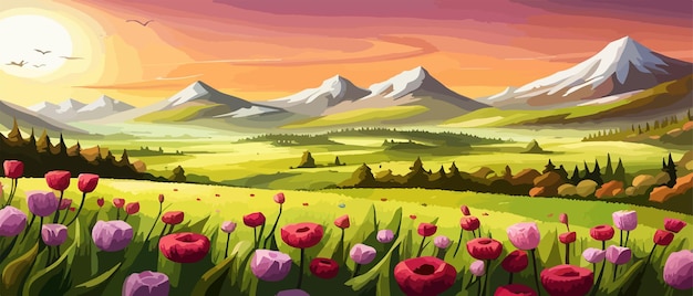 Vector banner lente landschap met bomen bergen velden tulpen bloemen vector illustratie