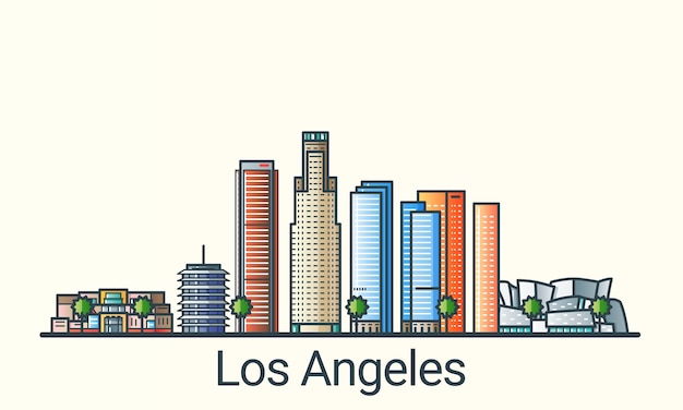 フラットラインのトレンディなスタイルのロサンゼルス市のバナー。ロサンゼルス市の線画。すべての建物が分離され、カスタマイズ可能です。