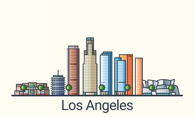 Banner della città di los angeles in stile alla moda linea piatta. arte di linea della città di los angeles. tutti gli edifici separati e personalizzabili.