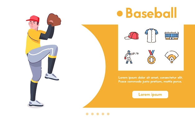  banner of man baseball player, pitcher with glove stands in pose ready pitching ball.  color linear icon set - cap, uniform, stadium, champion medal, symbols of game, sport competition